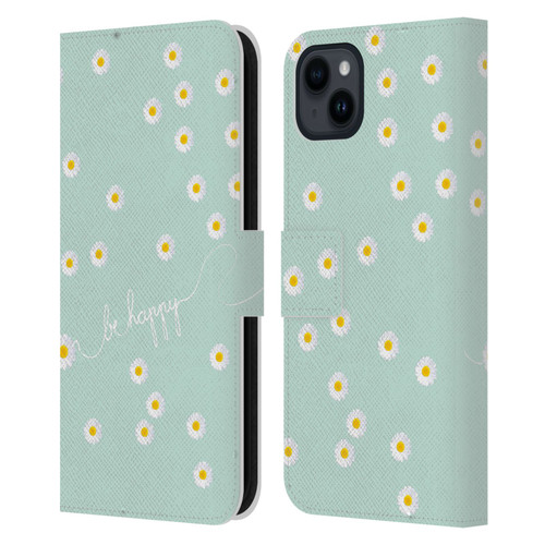 Monika Strigel Happy Daisy Mint Leather Book Wallet Case Cover For Apple iPhone 15 Plus