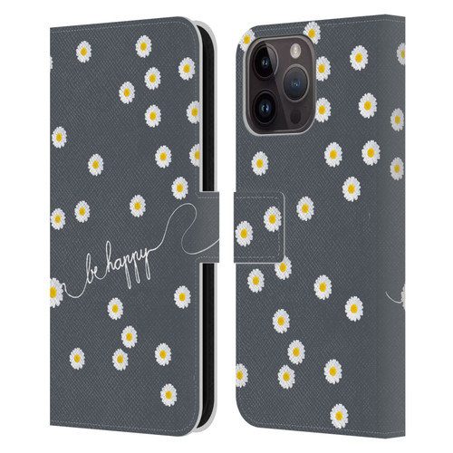 Monika Strigel Happy Daisy Grey Leather Book Wallet Case Cover For Apple iPhone 15 Pro Max