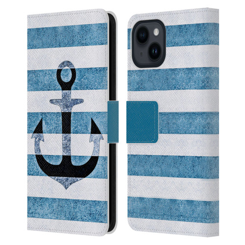Monika Strigel Vintage Anchors Indigo Leather Book Wallet Case Cover For Apple iPhone 15