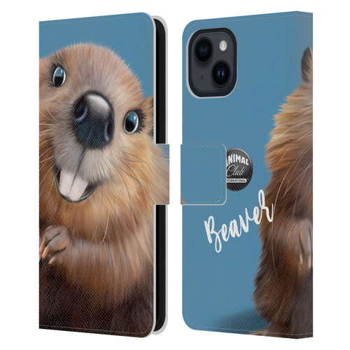 Animal Club International Faces Beaver Leather Book Wallet Case Cover For Apple iPhone 15