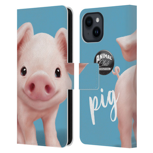 Animal Club International Faces Pig Leather Book Wallet Case Cover For Apple iPhone 15