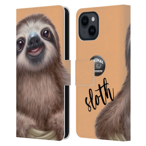 Animal Club International Faces Sloth Leather Book Wallet Case Cover For Apple iPhone 15