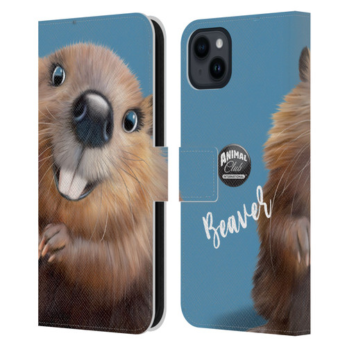 Animal Club International Faces Beaver Leather Book Wallet Case Cover For Apple iPhone 15 Plus