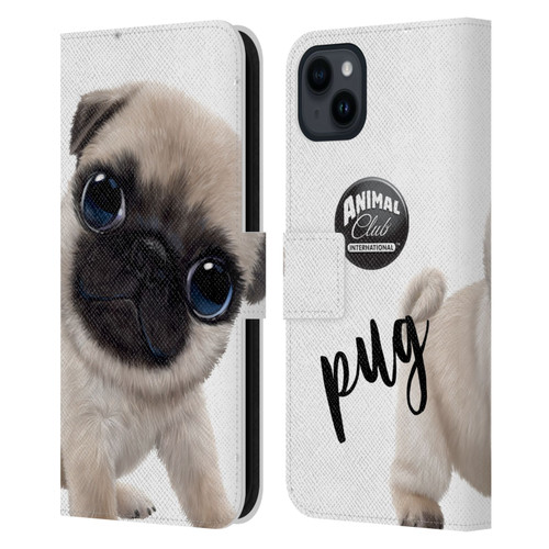 Animal Club International Faces Pug Leather Book Wallet Case Cover For Apple iPhone 15 Plus