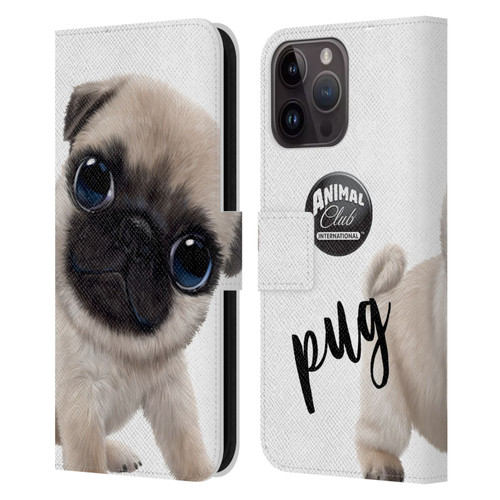 Animal Club International Faces Pug Leather Book Wallet Case Cover For Apple iPhone 15 Pro Max