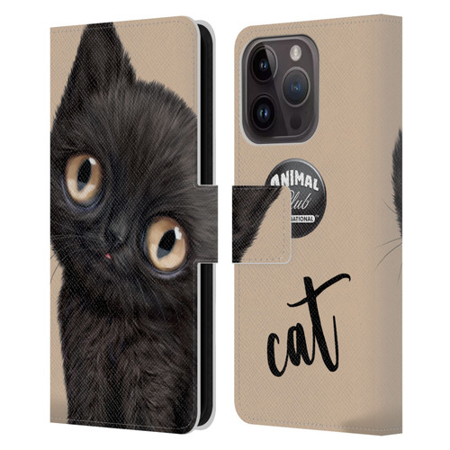 Animal Club International Faces Black Cat Leather Book Wallet Case Cover For Apple iPhone 15 Pro