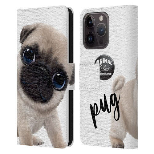 Animal Club International Faces Pug Leather Book Wallet Case Cover For Apple iPhone 15 Pro