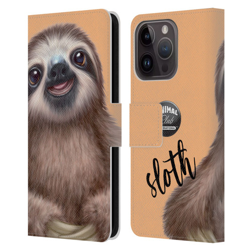 Animal Club International Faces Sloth Leather Book Wallet Case Cover For Apple iPhone 15 Pro