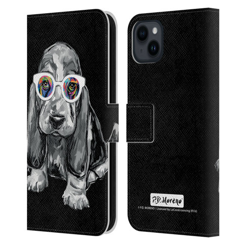 P.D. Moreno Black And White Dogs Basset Hound Leather Book Wallet Case Cover For Apple iPhone 15 Plus