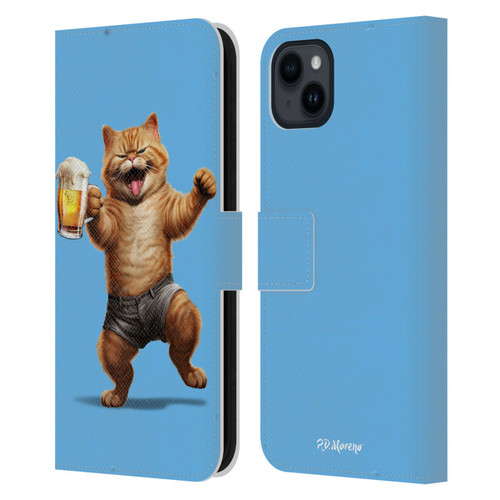 P.D. Moreno Furry Fun Artwork Cat Beer Leather Book Wallet Case Cover For Apple iPhone 15 Plus