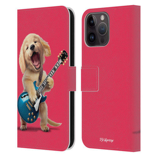 P.D. Moreno Furry Fun Artwork Golden Retriever Playing Guitar Leather Book Wallet Case Cover For Apple iPhone 15 Pro Max