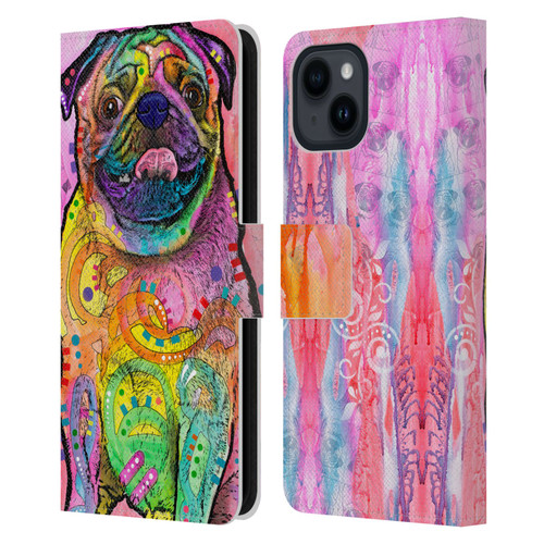 Dean Russo Dogs 3 Pug Leather Book Wallet Case Cover For Apple iPhone 15