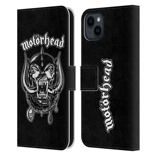 Motorhead Graphics Silver War Pig Leather Book Wallet Case Cover For Apple iPhone 15 Plus