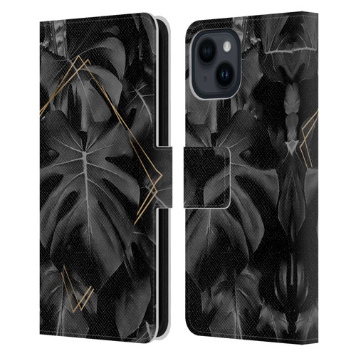 LebensArt Elegance in Black Deep Monstera Leather Book Wallet Case Cover For Apple iPhone 15