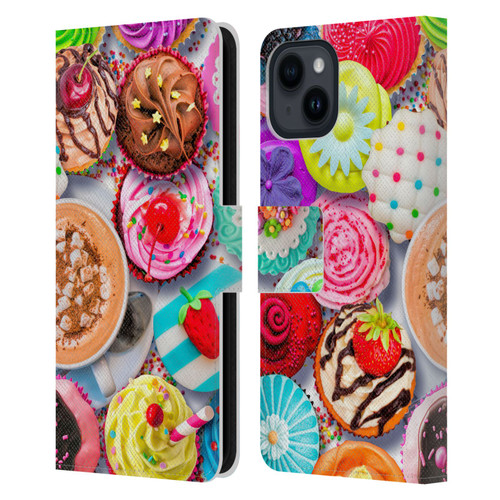 Aimee Stewart Colourful Sweets Cupcakes And Cocoa Leather Book Wallet Case Cover For Apple iPhone 15
