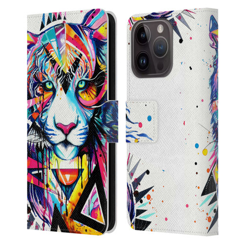 Pixie Cold Cats Shattered Tiger Leather Book Wallet Case Cover For Apple iPhone 15 Pro