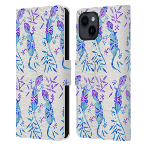 Cat Coquillette Animals 2 Indigo Geckos Leather Book Wallet Case Cover For Apple iPhone 15
