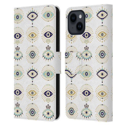Cat Coquillette Linear White Evil Eyes Pattern Leather Book Wallet Case Cover For Apple iPhone 15