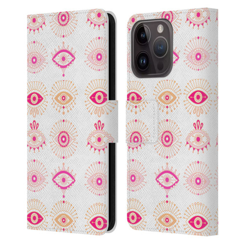 Cat Coquillette Linear Pink Evil Eyes Leather Book Wallet Case Cover For Apple iPhone 15 Pro