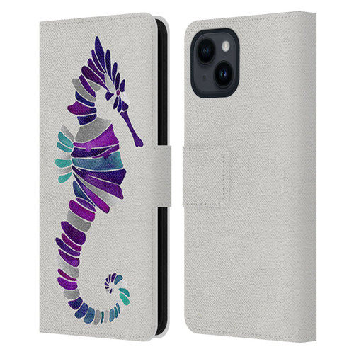 Cat Coquillette Sea Seahorse Purple Leather Book Wallet Case Cover For Apple iPhone 15