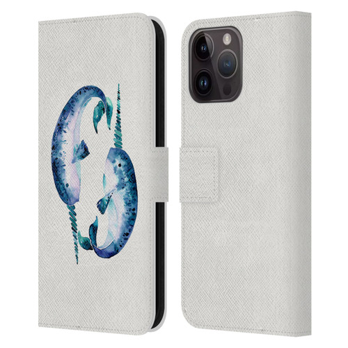 Cat Coquillette Sea Blue Narwhals Leather Book Wallet Case Cover For Apple iPhone 15 Pro Max