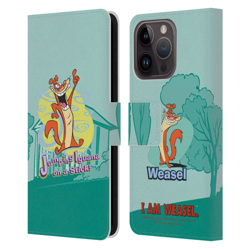 I Am Weasel. Graphics Jumping Iguana On A Stick Leather Book Wallet Case Cover For Apple iPhone 15 Pro