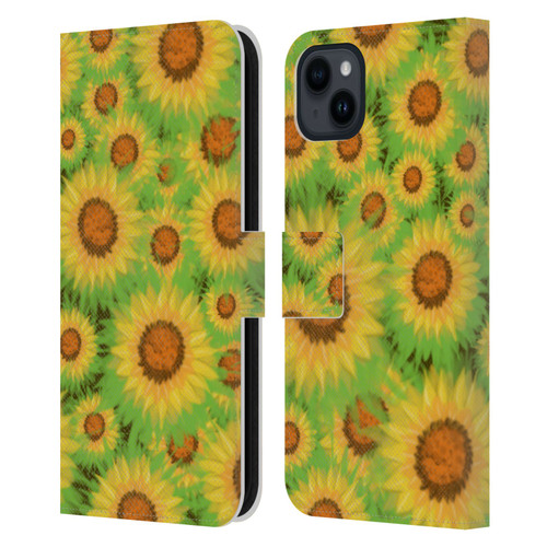 Grace Illustration Lovely Floral Sunflower Leather Book Wallet Case Cover For Apple iPhone 15 Plus