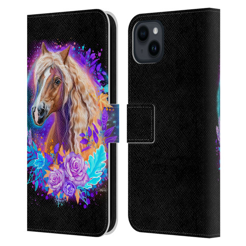 Sheena Pike Animals Purple Horse Spirit With Roses Leather Book Wallet Case Cover For Apple iPhone 15 Plus