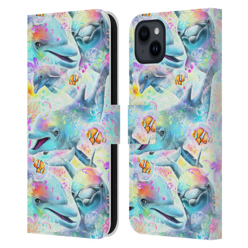 Sheena Pike Animals Rainbow Dolphins & Fish Leather Book Wallet Case Cover For Apple iPhone 15 Plus