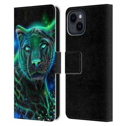 Sheena Pike Big Cats Neon Blue Green Panther Leather Book Wallet Case Cover For Apple iPhone 15