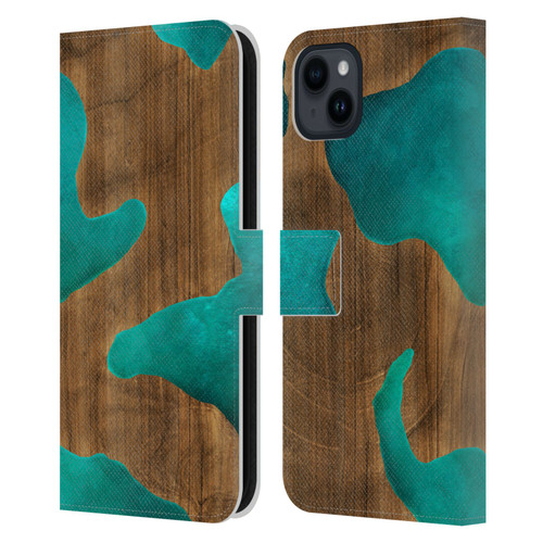 Alyn Spiller Wood & Resin Aqua Leather Book Wallet Case Cover For Apple iPhone 15 Plus