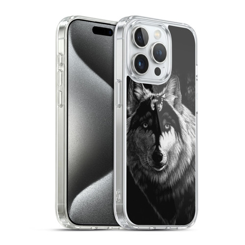 Stanley Morrison Black And White Gray Wolf With Dragon Marking Soft Gel Case for Apple iPhone 15 Pro & MagSafe