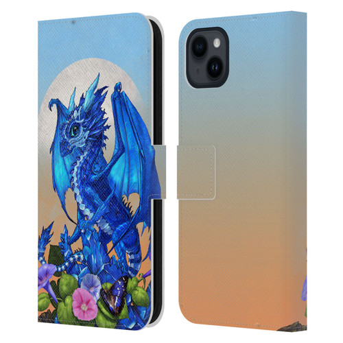 Stanley Morrison Art Blue Sapphire Dragon & Flowers Leather Book Wallet Case Cover For Apple iPhone 15 Plus