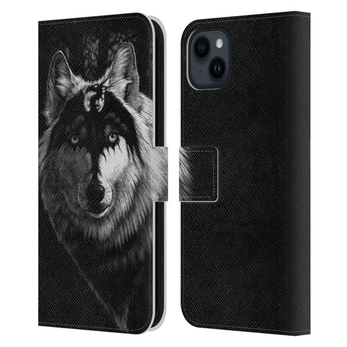 Stanley Morrison Black And White Gray Wolf With Dragon Marking Leather Book Wallet Case Cover For Apple iPhone 15 Plus