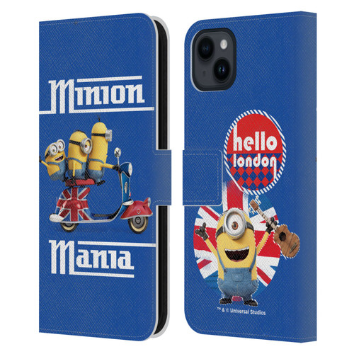 Minions Minion British Invasion Union Jack Scooter Leather Book Wallet Case Cover For Apple iPhone 15 Plus