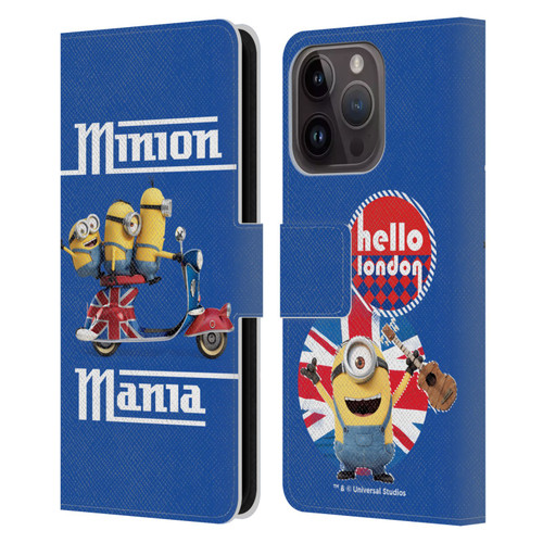 Minions Minion British Invasion Union Jack Scooter Leather Book Wallet Case Cover For Apple iPhone 15 Pro
