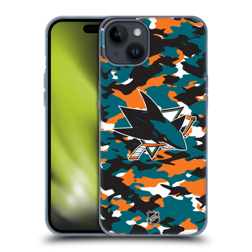 NHL San Jose Sharks Camouflage Soft Gel Case for Apple iPhone 15 Plus