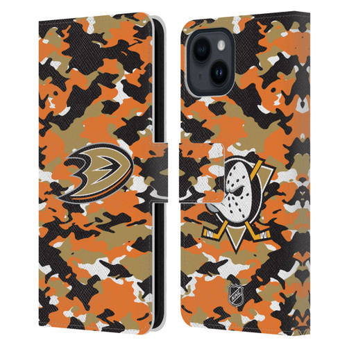 NHL Anaheim Ducks Camouflage Leather Book Wallet Case Cover For Apple iPhone 15