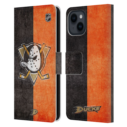 NHL Anaheim Ducks Half Distressed Leather Book Wallet Case Cover For Apple iPhone 15