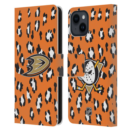 NHL Anaheim Ducks Leopard Patten Leather Book Wallet Case Cover For Apple iPhone 15