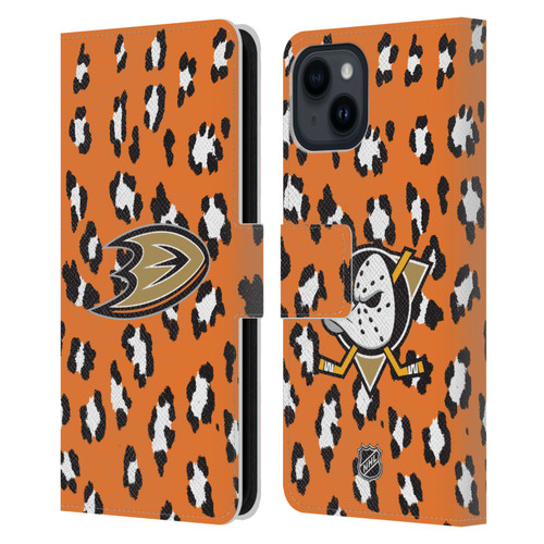 NHL Anaheim Ducks Leopard Patten Leather Book Wallet Case Cover For Apple iPhone 15
