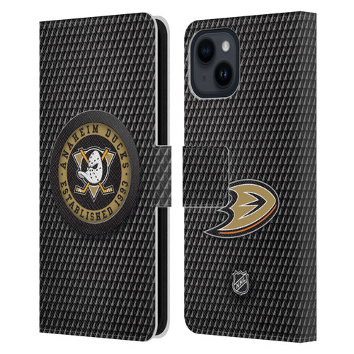 NHL Anaheim Ducks Puck Texture Leather Book Wallet Case Cover For Apple iPhone 15