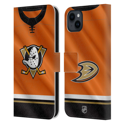 NHL Anaheim Ducks Jersey Leather Book Wallet Case Cover For Apple iPhone 15 Plus NHL Anaheim Ducks Jersey Leather Book Wallet Case Cover For Apple iPhone 15 Plus