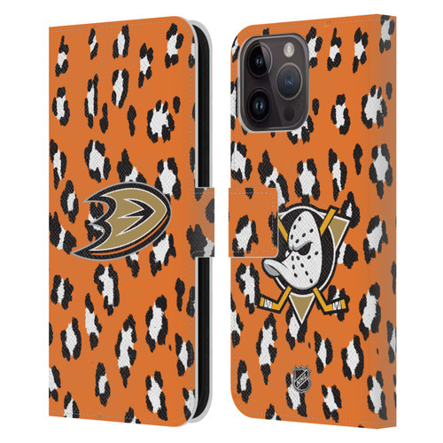 NHL Anaheim Ducks Leopard Patten Leather Book Wallet Case Cover For Apple iPhone 15 Pro Max