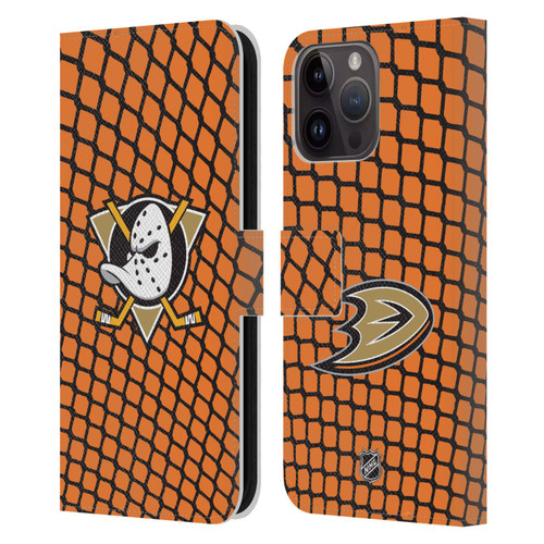 NHL Anaheim Ducks Net Pattern Leather Book Wallet Case Cover For Apple iPhone 15 Pro Max