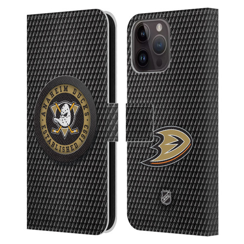 NHL Anaheim Ducks Puck Texture Leather Book Wallet Case Cover For Apple iPhone 15 Pro Max