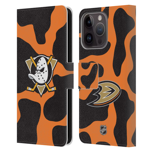 NHL Anaheim Ducks Cow Pattern Leather Book Wallet Case Cover For Apple iPhone 15 Pro