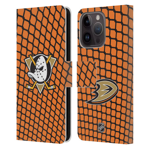 NHL Anaheim Ducks Net Pattern Leather Book Wallet Case Cover For Apple iPhone 15 Pro