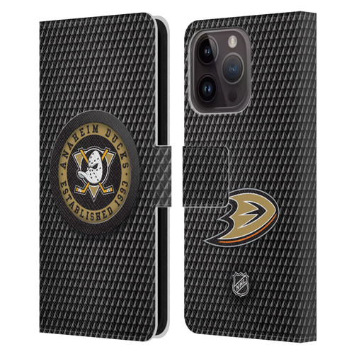 NHL Anaheim Ducks Puck Texture Leather Book Wallet Case Cover For Apple iPhone 15 Pro