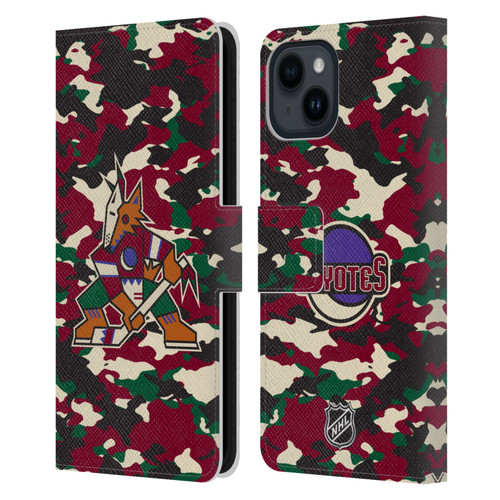 NHL Arizona Coyotes Camouflage Leather Book Wallet Case Cover For Apple iPhone 15